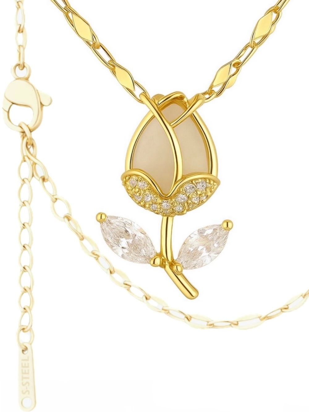 Tulip Flower Pendant Necklace with Twisty Chain Gold-Tone over Steel